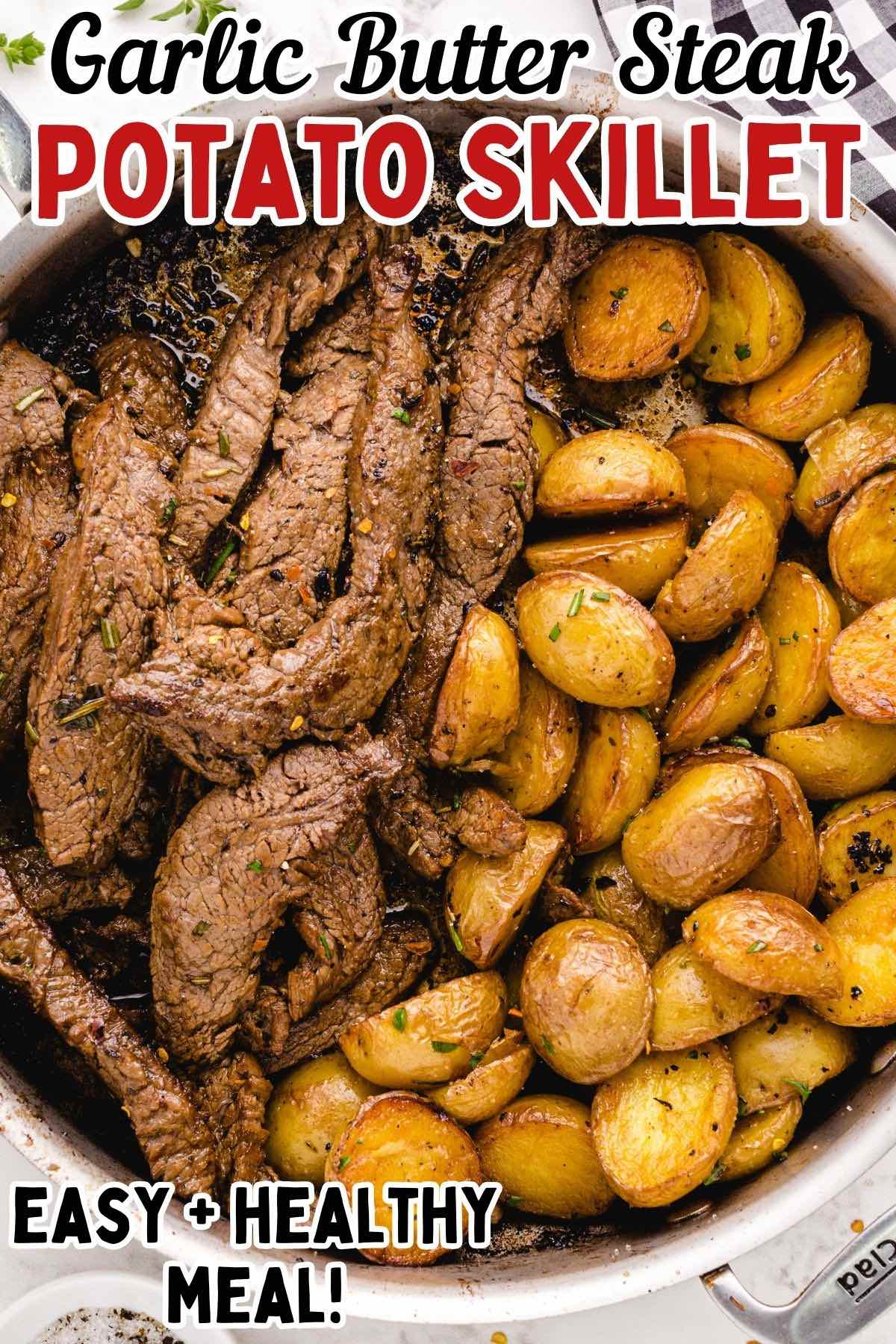 garlic butter steak and potato skillet pin.