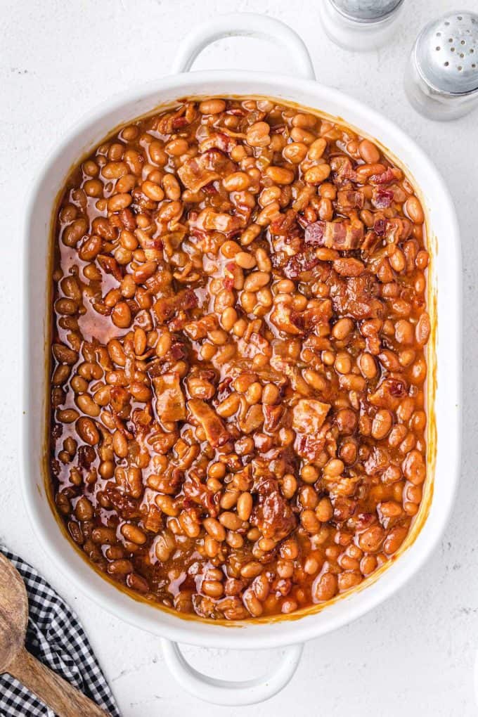 baked beans in casserole dish