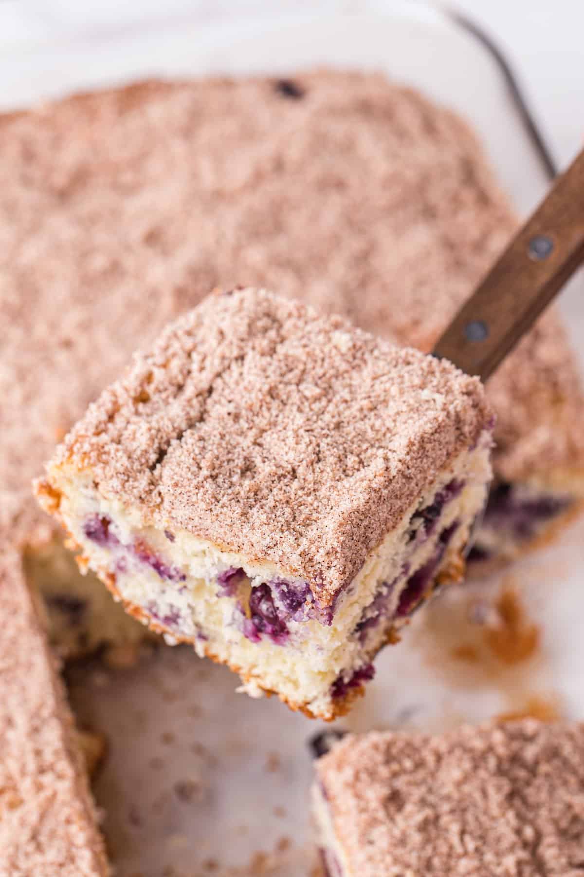Slice of blueberry breakfast cake with fresh blueberries baked inside and a cinnamon-sugar crumb topping on a white plate.