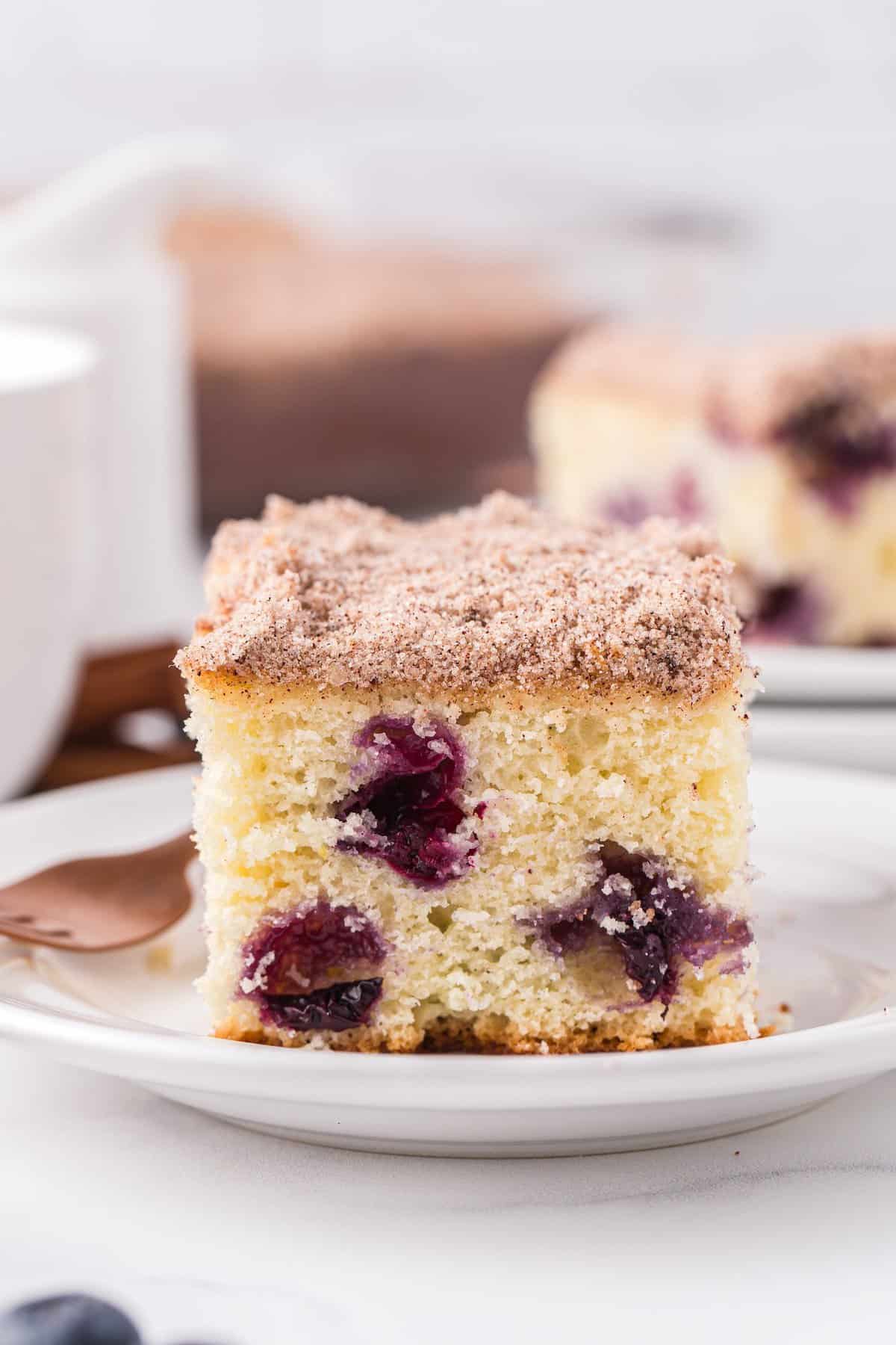 Slice of blueberry breakfast cake with fresh blueberries baked inside and a cinnamon-sugar crumb topping on a white plate.