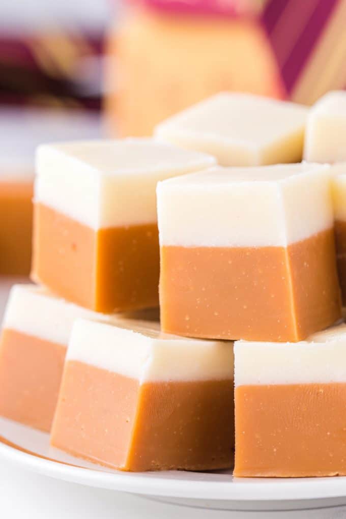 stacked butter beer fudge on a plate