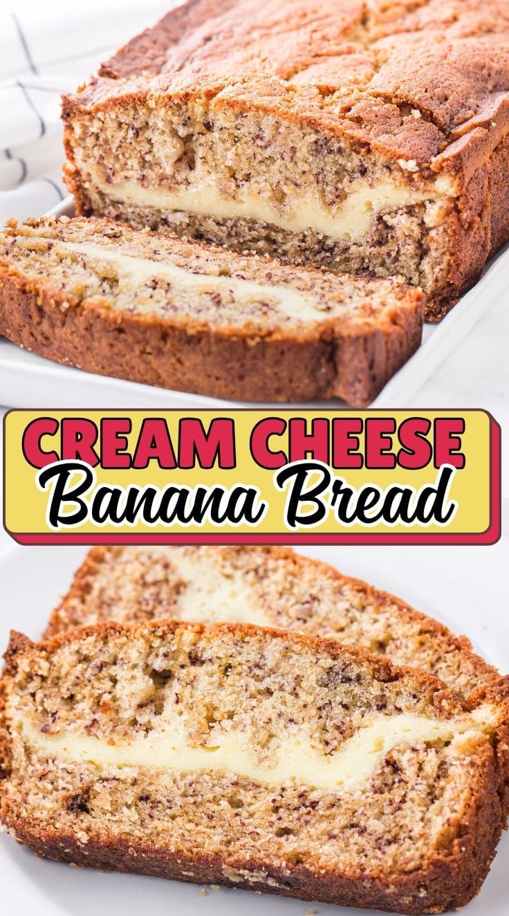 2 slices of Cream Cheese Banana Bread served on a white plate