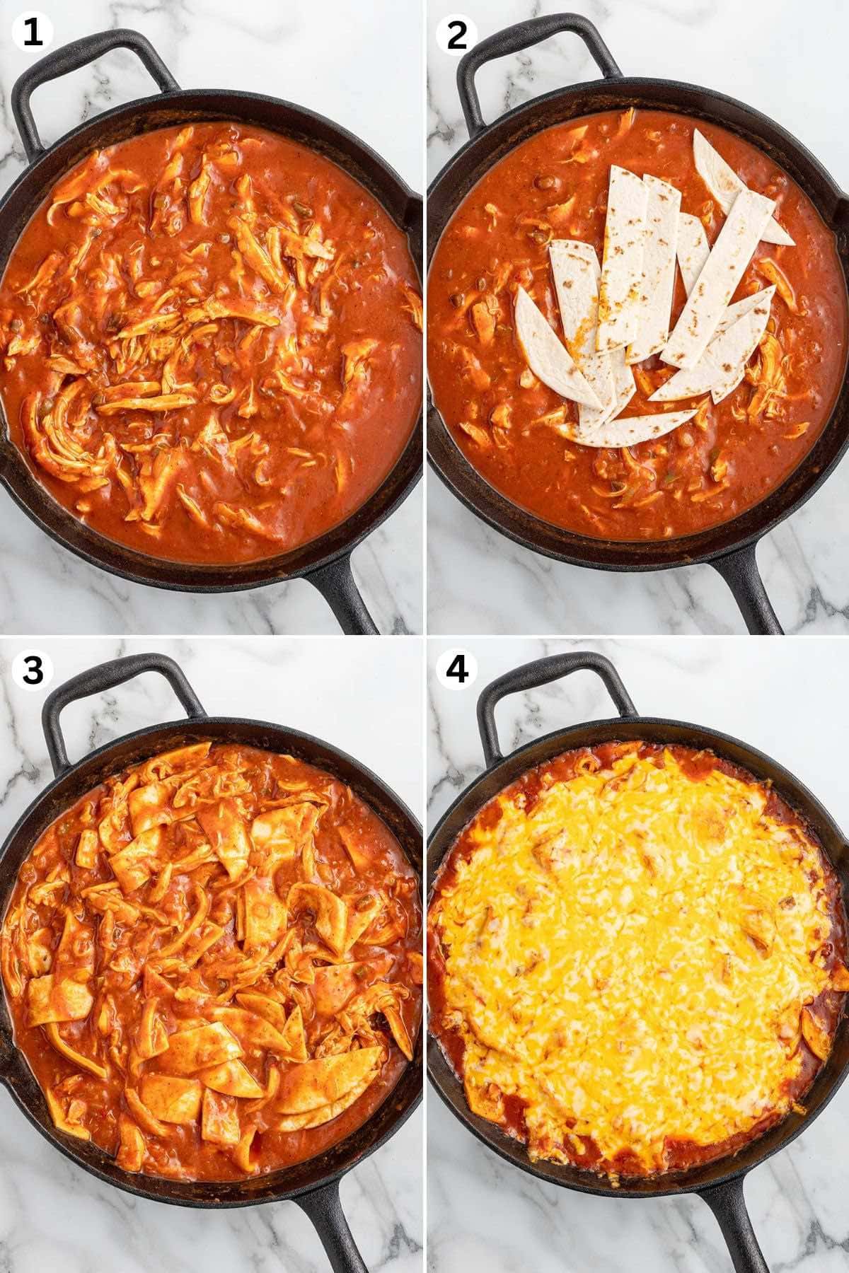 Cook the sauce and chicken until the sauce starts to boil.  Add the tortilla strips. Fold in the tortilla strips until fully coated in sauce. Top the mixture with shredded cheese.