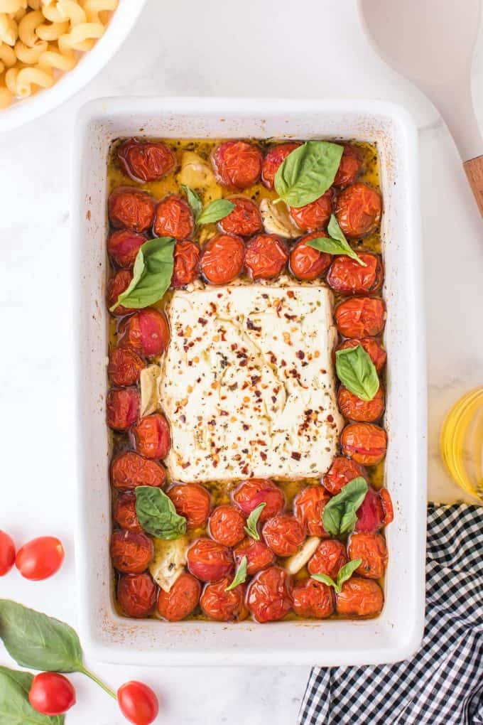 feta cheese block in a baking dish