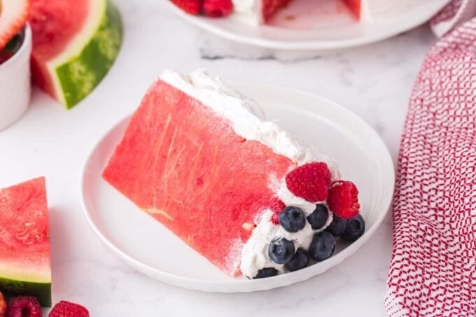 a slice of watermelon cake in a plate