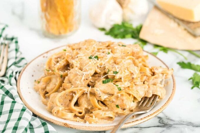 chicken alfredo in a plate