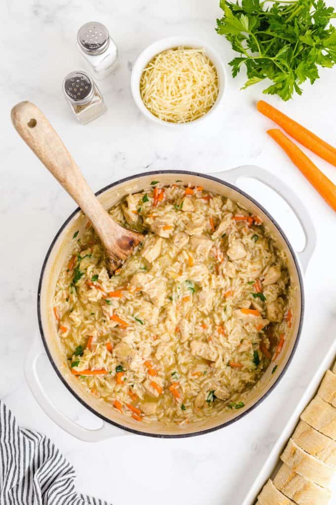 chicken and rice in a pot