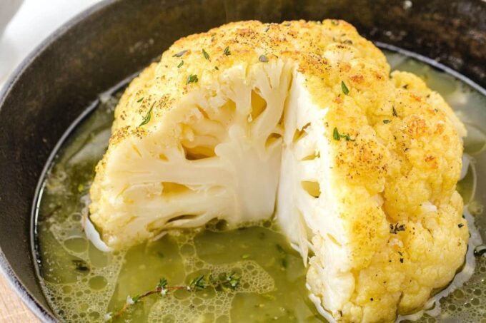 roasted cauliflower in the pan