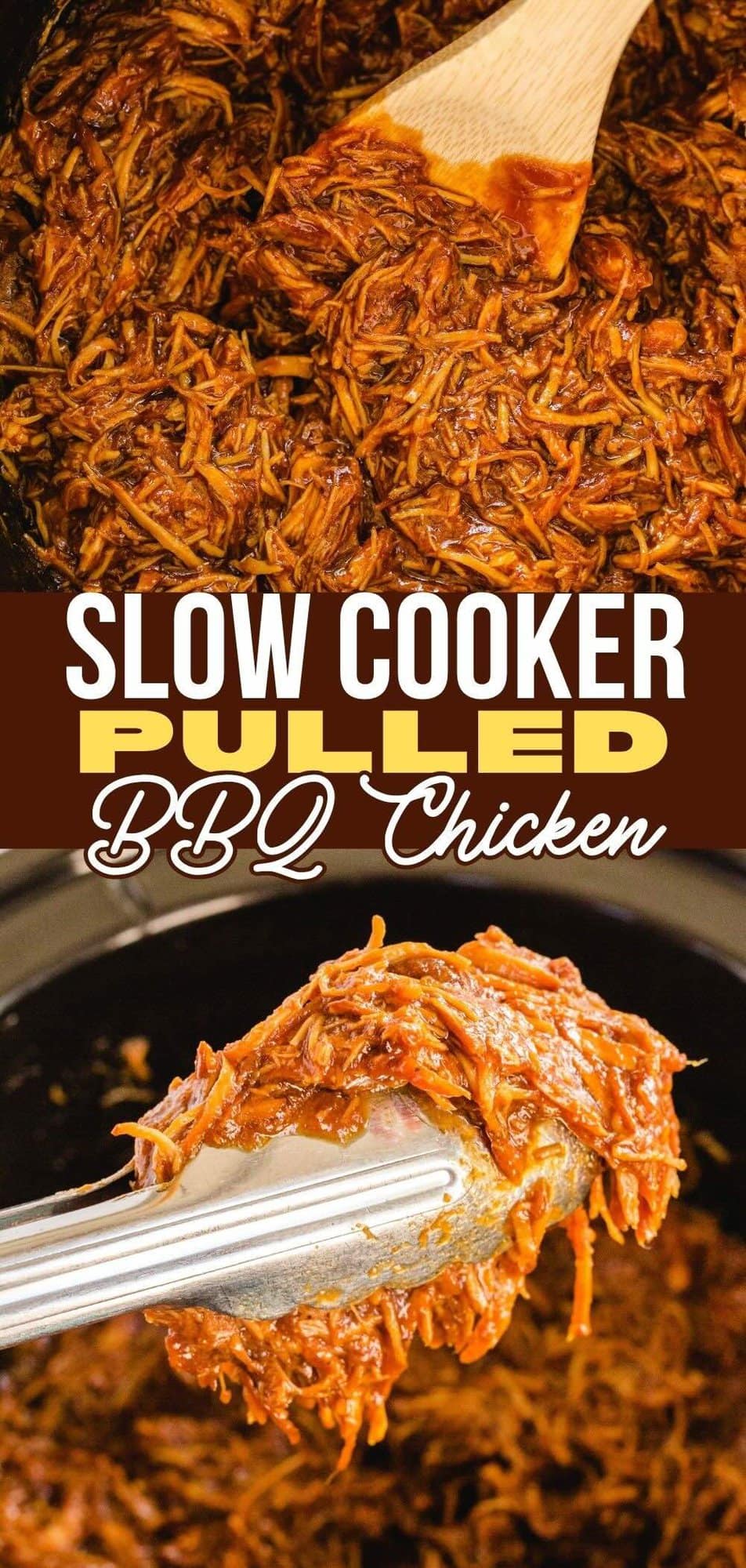 A wooden spatula stirring Pulled BBQ Chicken. A tong grabbing Pulled BBQ Chicken from slow cooker.