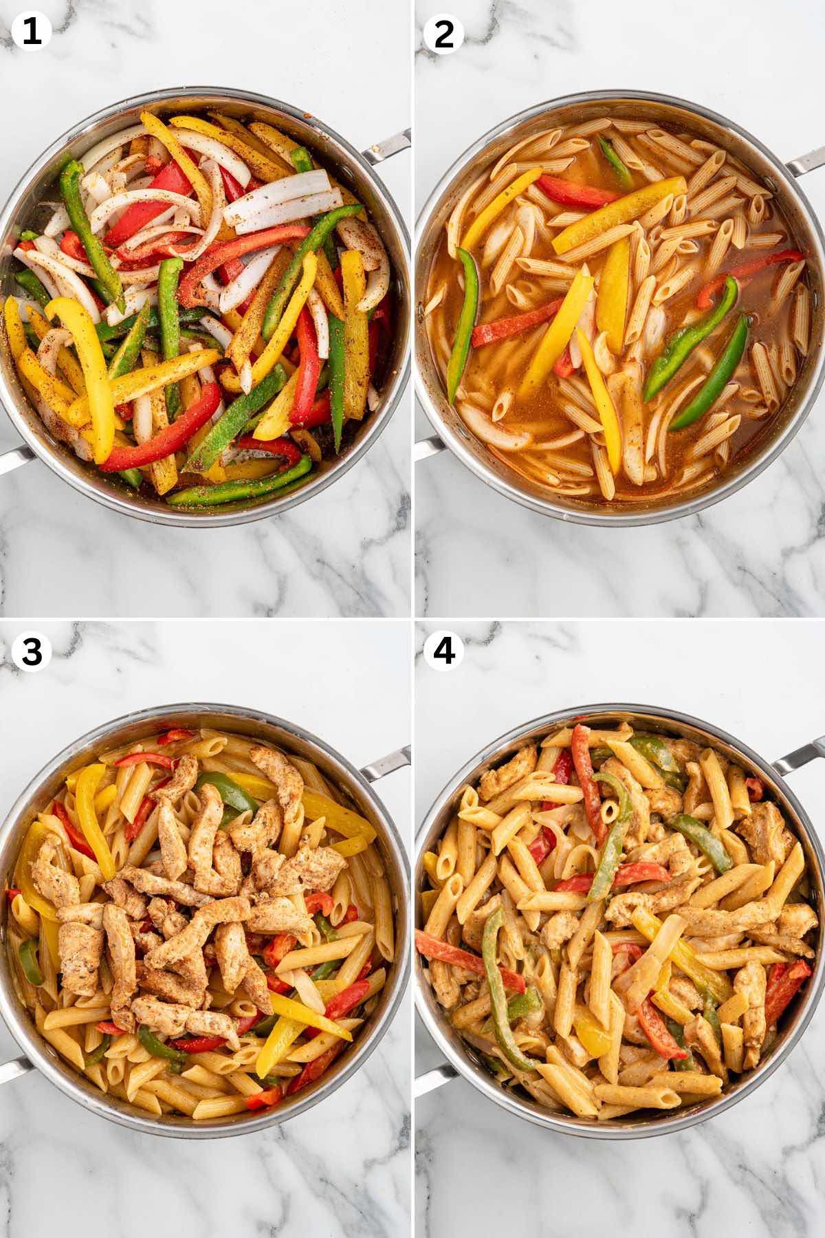 Coat the bell peppers in the seasoning blend and cook until the vegetables are crisp tender. Stir the chicken broth and penne pasta into the skillet. Add the chicken into the skillet. Stir in the heavy cream and cheese.