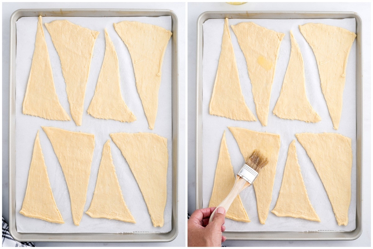 Roll out the crescent rolls on the prepared baking sheet and using a knife, or pizza cutter, separate each triangle.