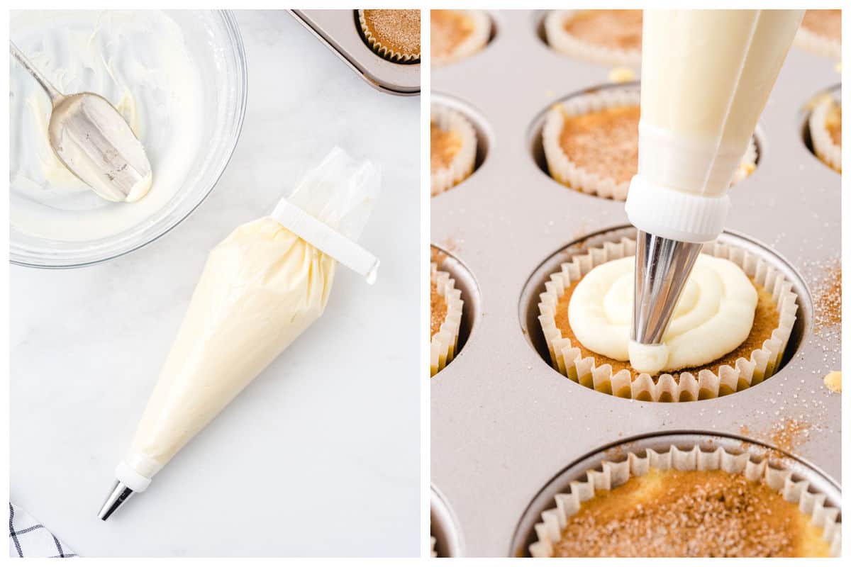 put the frosting into a bag and swirl on top of cooled cheesecakes