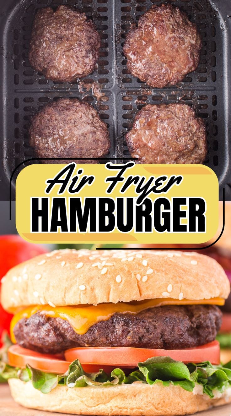 Juicy air fryer hamburgers served on burger buns, easy ground beef dinner made in the air fryer.