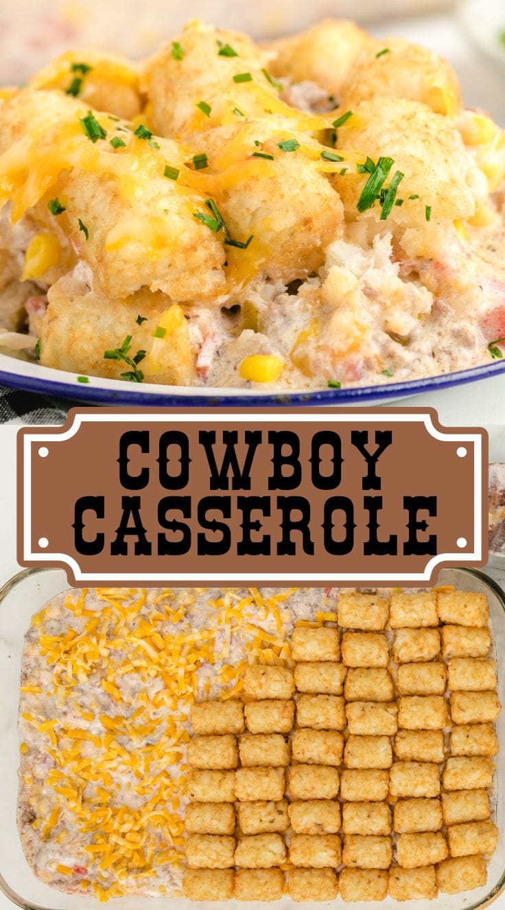 Creamy Cowboy Casserole topped with chives and melted cheese served on a plate.