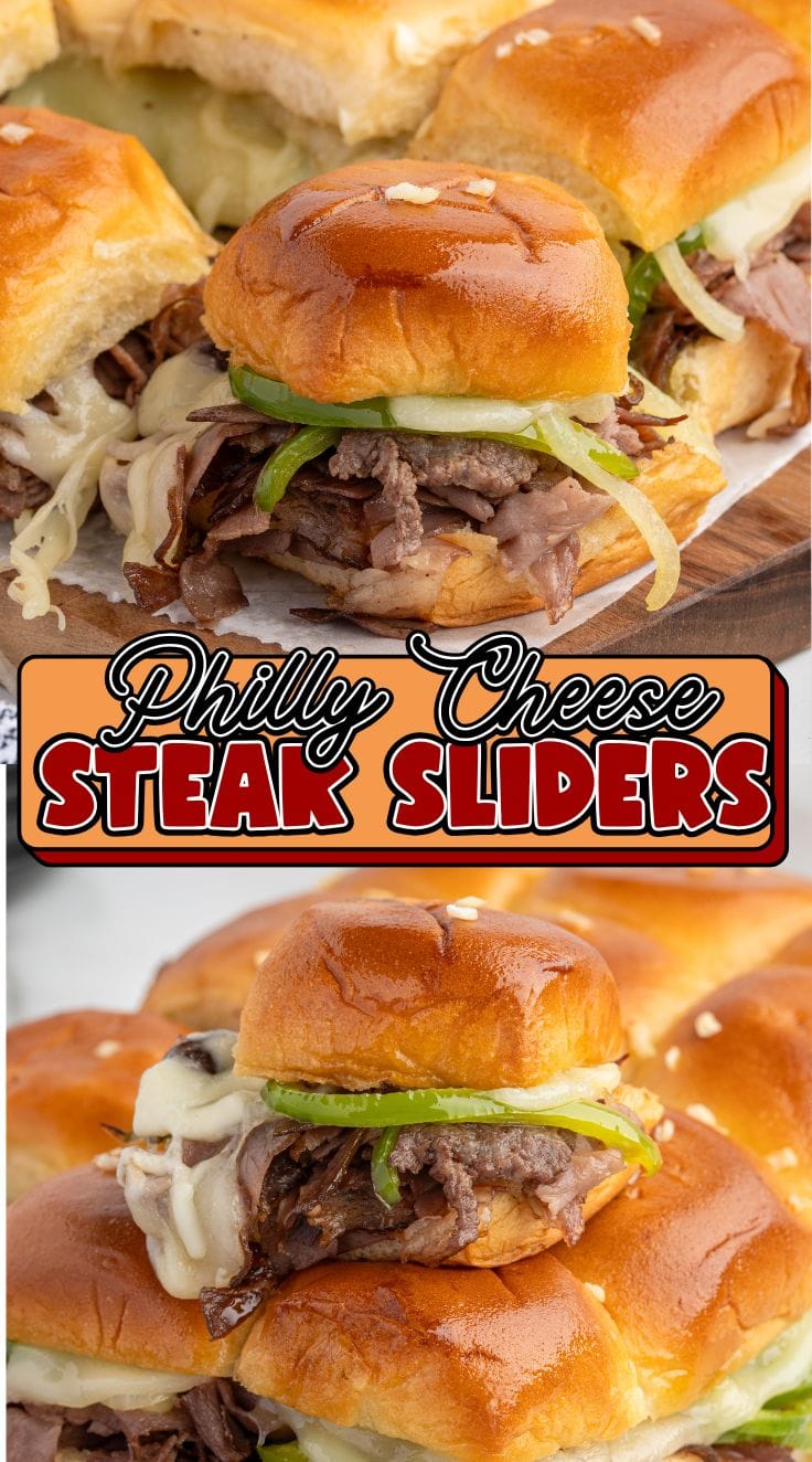 Baked Philly cheesesteak sliders on Hawaiian rolls filled with sliced steak and melted provolone cheese.