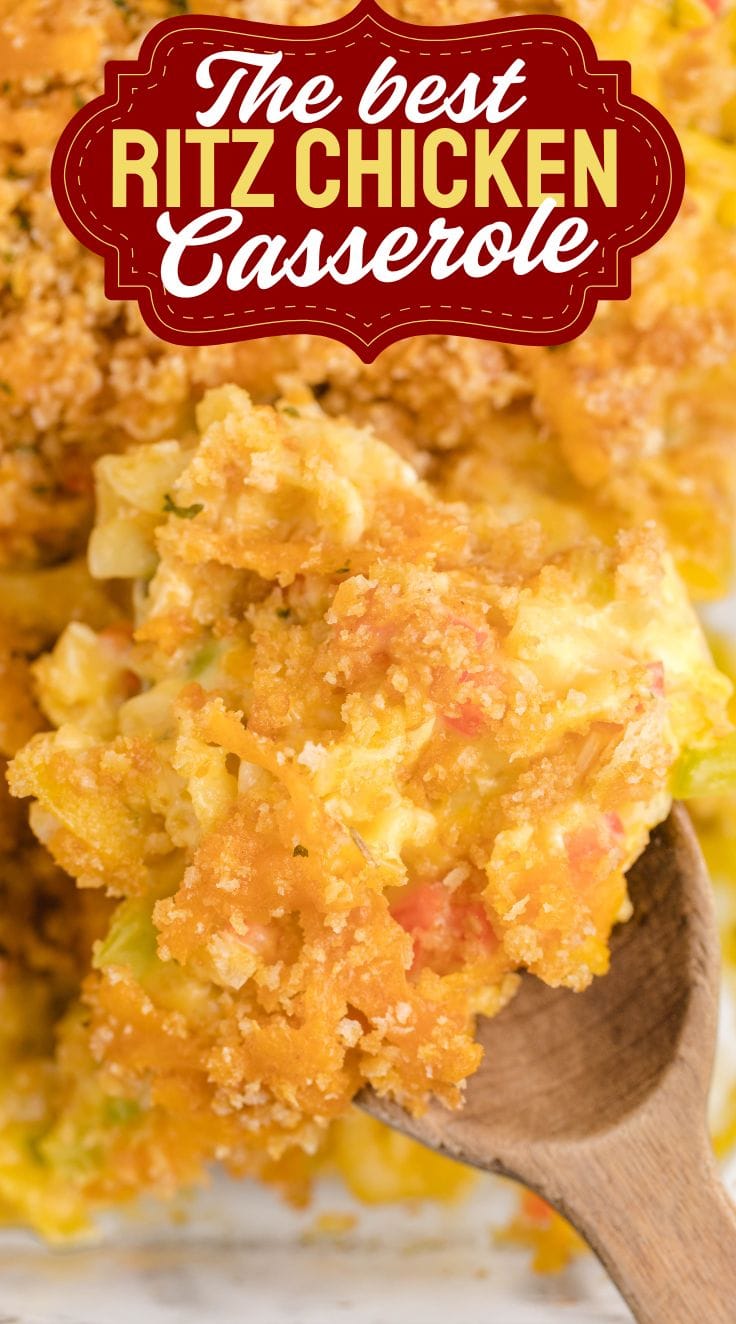 A wooden spoon digging into creamy ritz chicken casserole