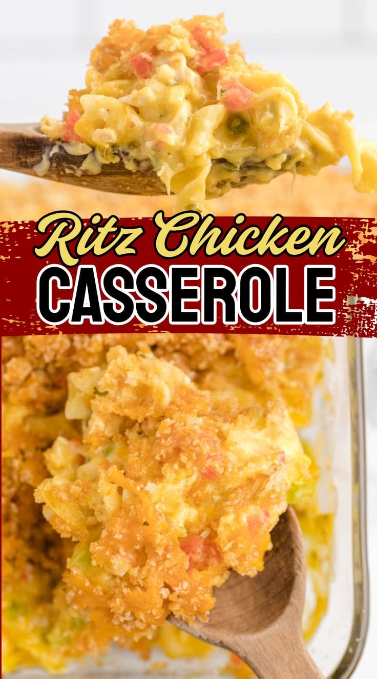Creamy ritz chicken casserole topped with crushed Ritz crackers in a wooden spoon