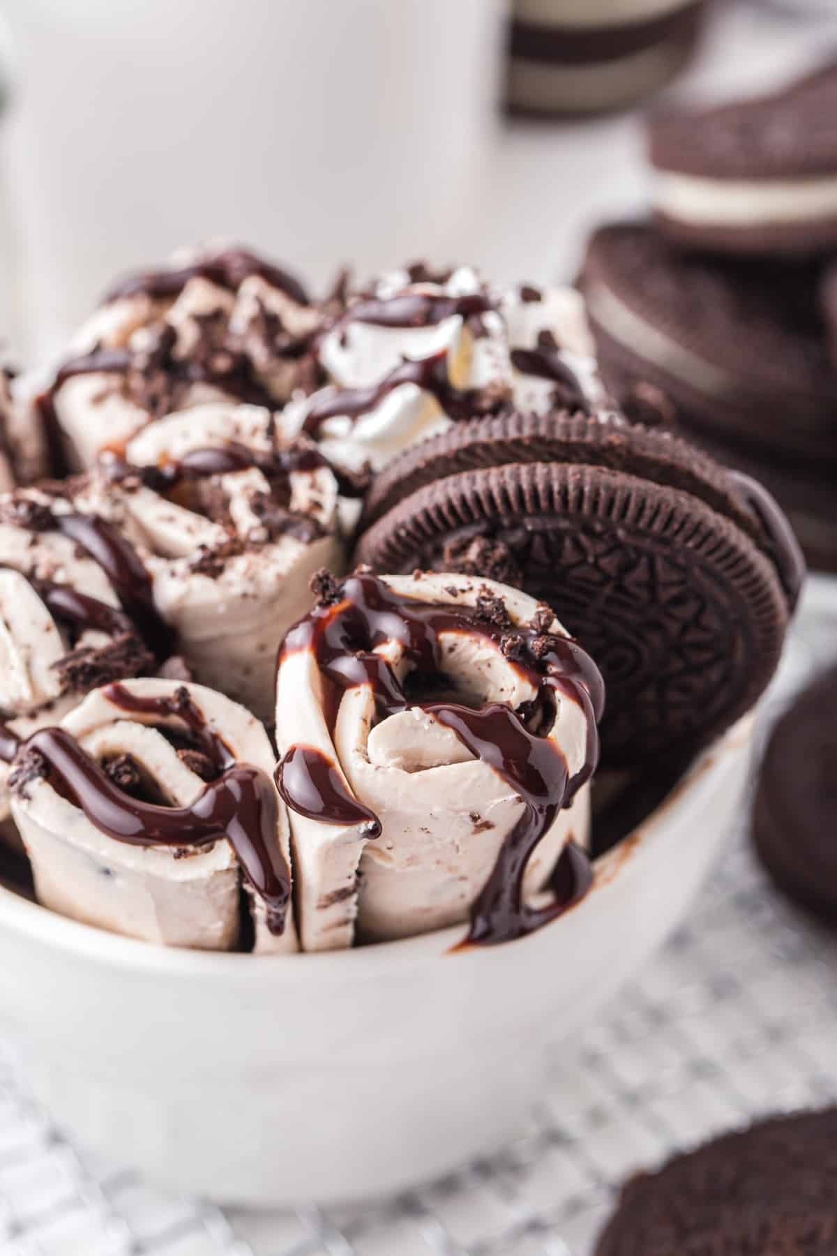 rolled oreo in a bowl with toppings