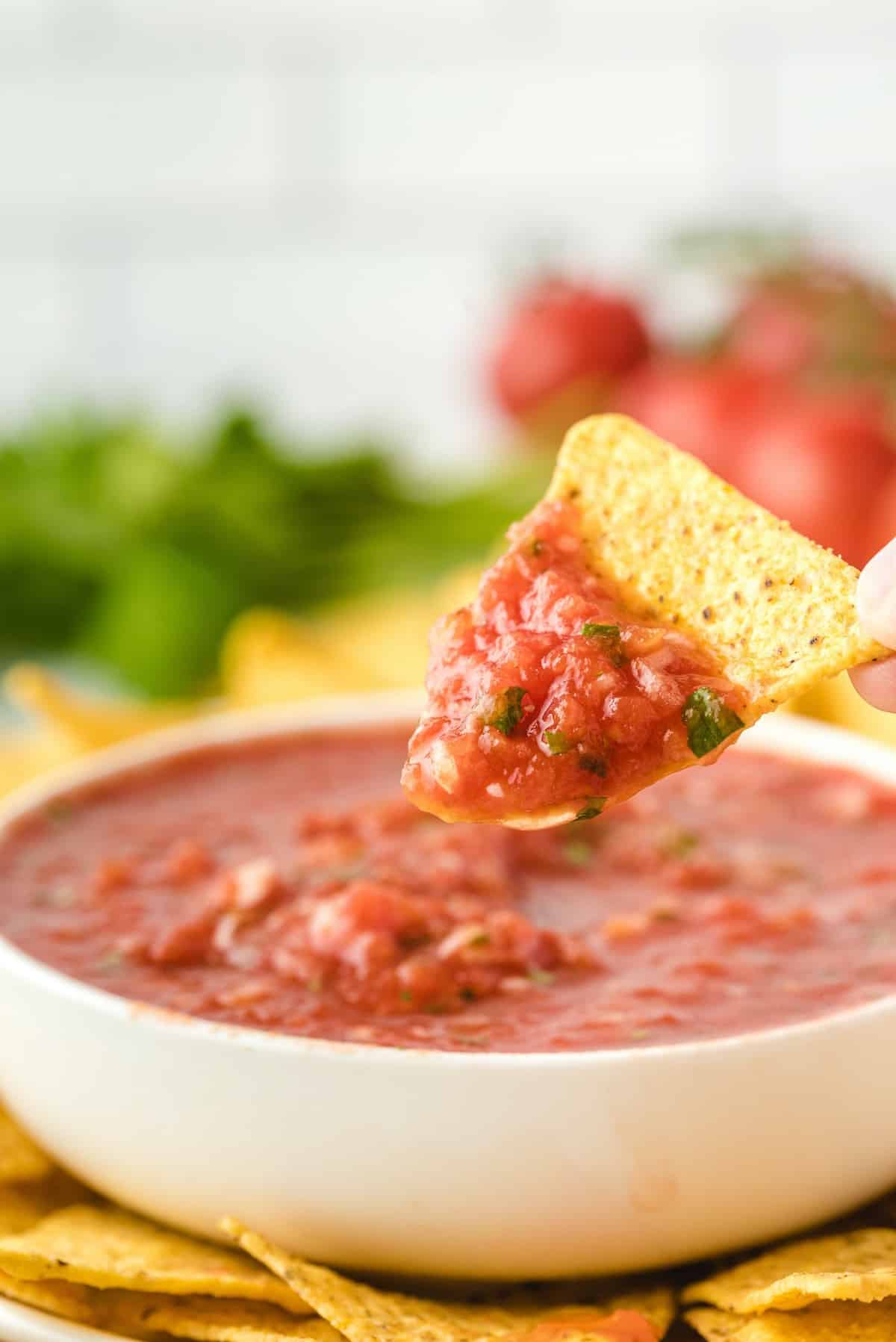 tortilla chips dipped in salsa