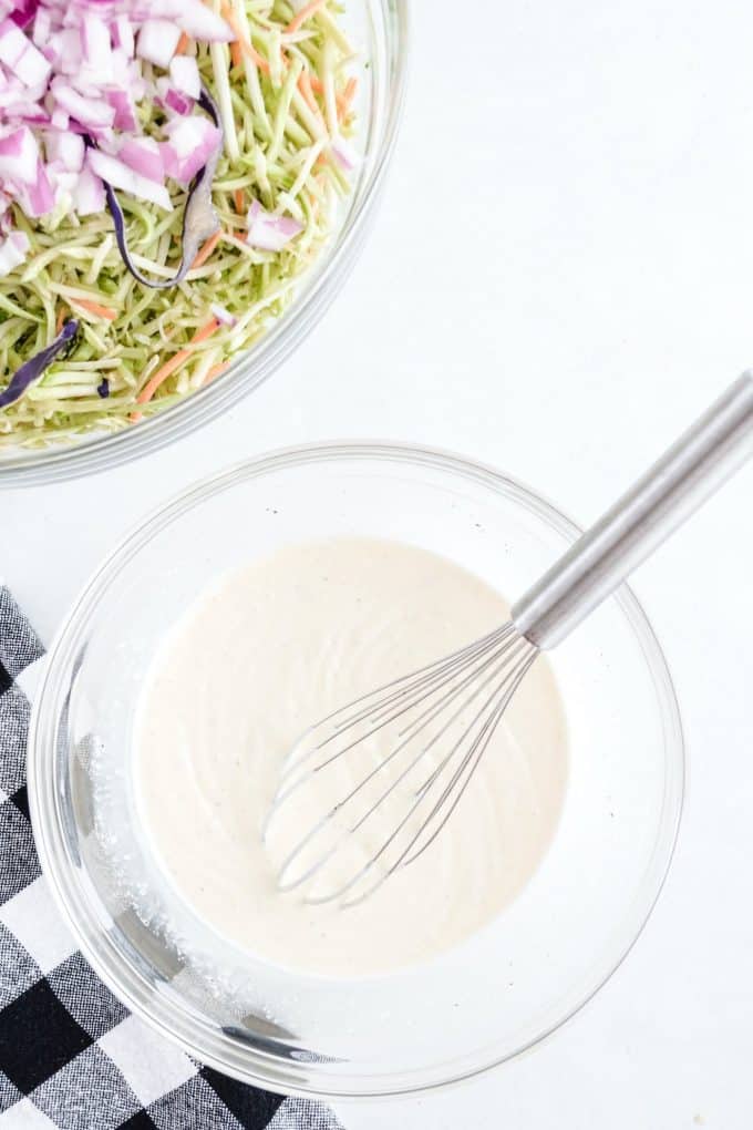 mayonnaise, apple cider vinegar, sugar, salt, pepper, and lemon juice in a small mixing bowl