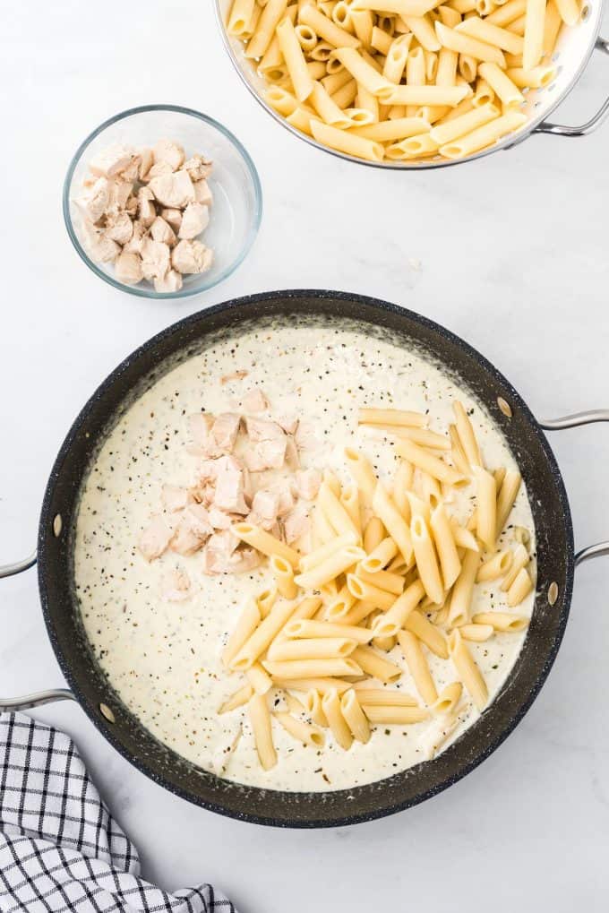 add chicken and pasta to the pan