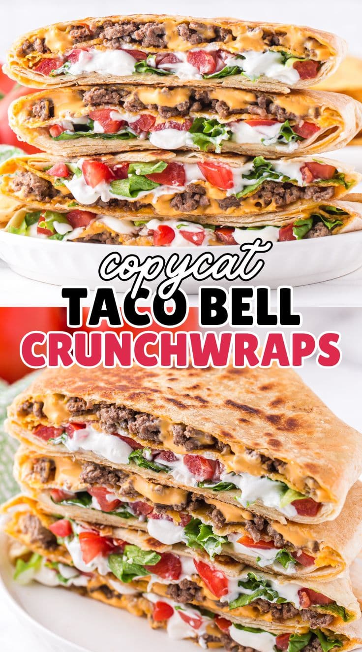 close up of cut crunchwrap supreme showing the generous filling with cheesy sauce