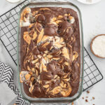 Top-down view of an Earthquake Cake in a glass baking dish.