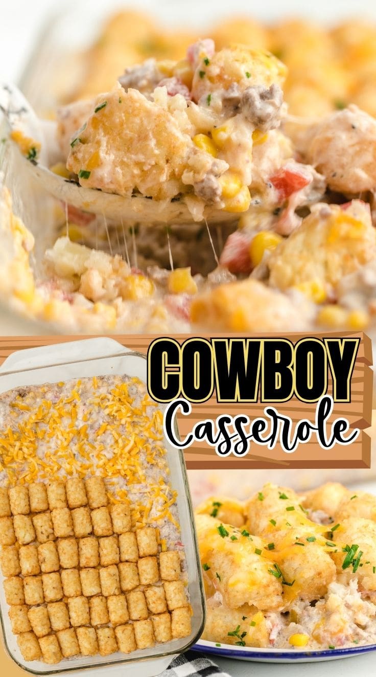 A white spoon digging into Cowboy Casserole in a baking dish