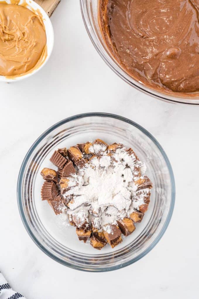 chopped mini peanut butter cup pieces and flour