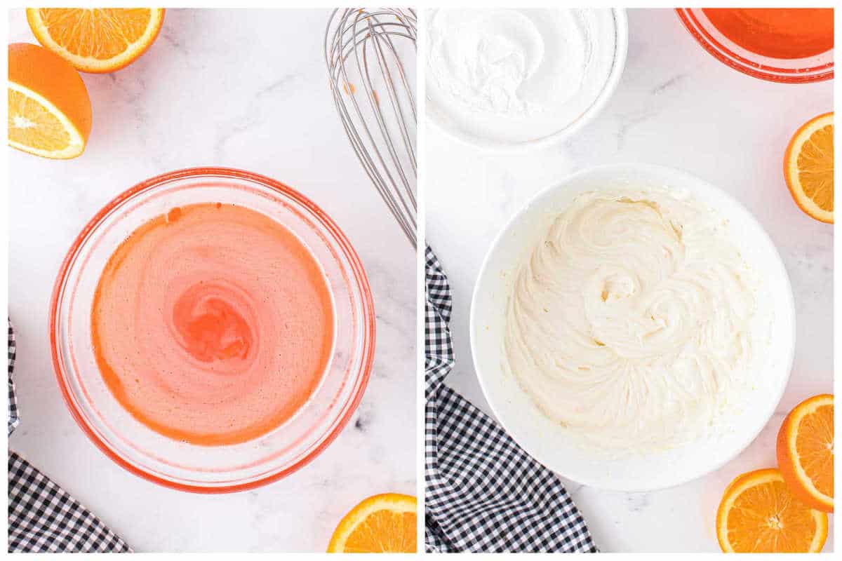 orange jello and boiling water mixed in a bowl. In separate bowl, mixture of cream cheese, powdered sugar, Greek yogurt, heavy cream, orange juice and zest