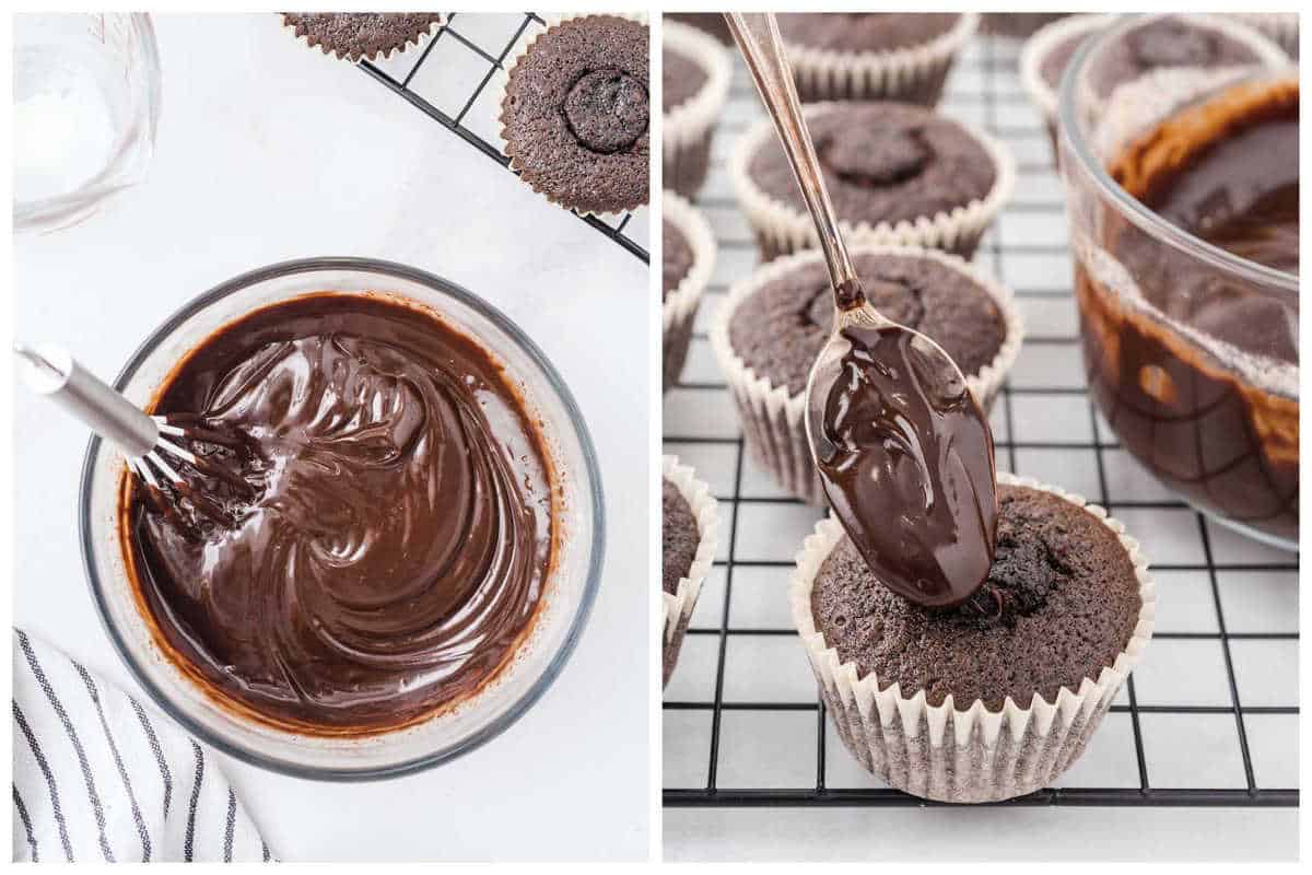 ganache in a bowl and spread it on top of the cupcakes