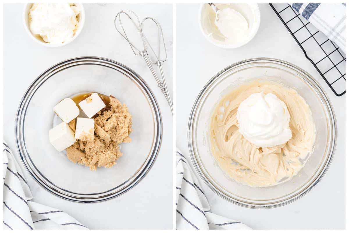 beat together the cream cheese, brown sugar, and vanilla. Then, fold in the whipped topping