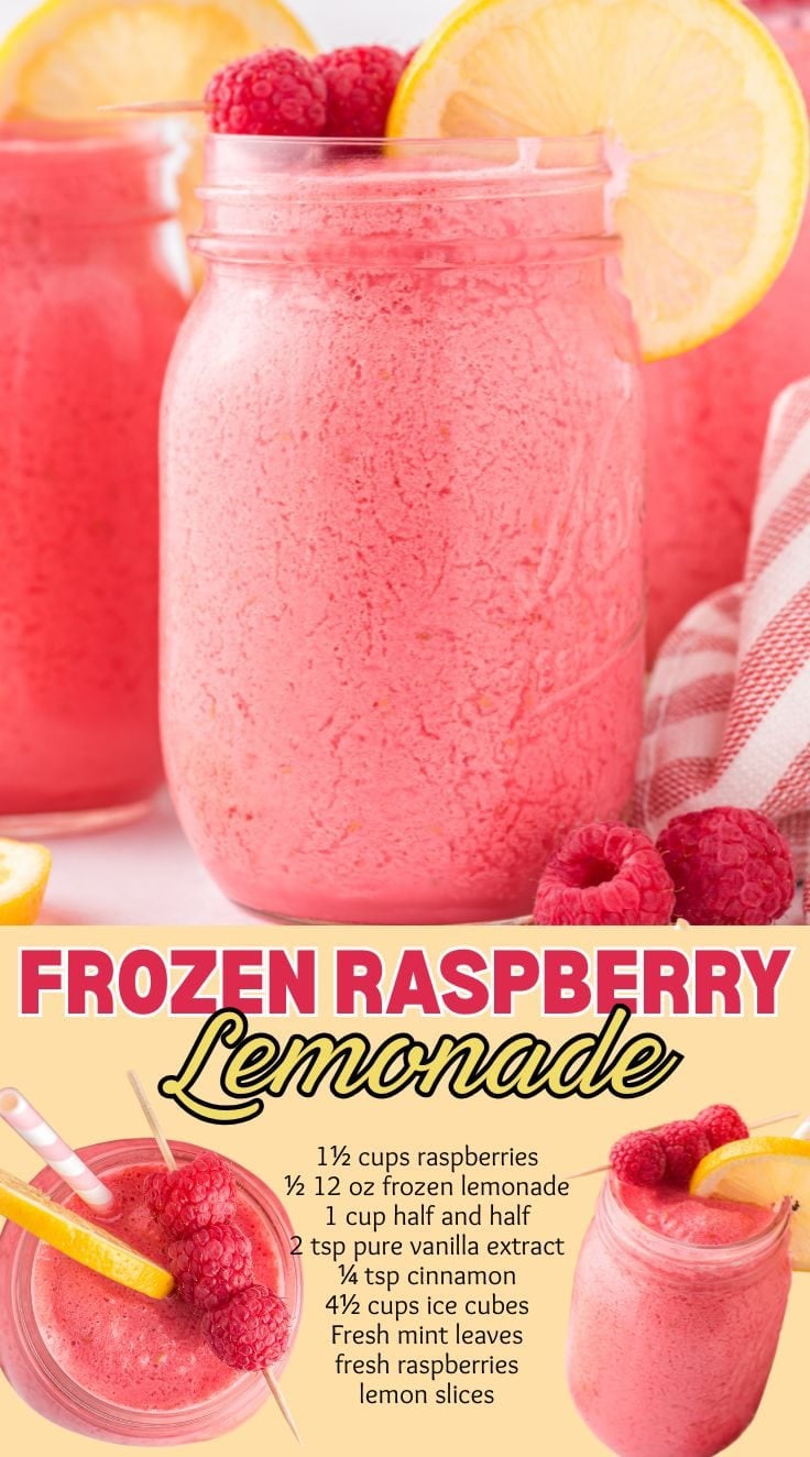 Bright Frozen Raspberry Lemonade inside mason jars, decorated with raspberries and a slice of lemon. Top shot of Frozen Raspberry Lemonade.