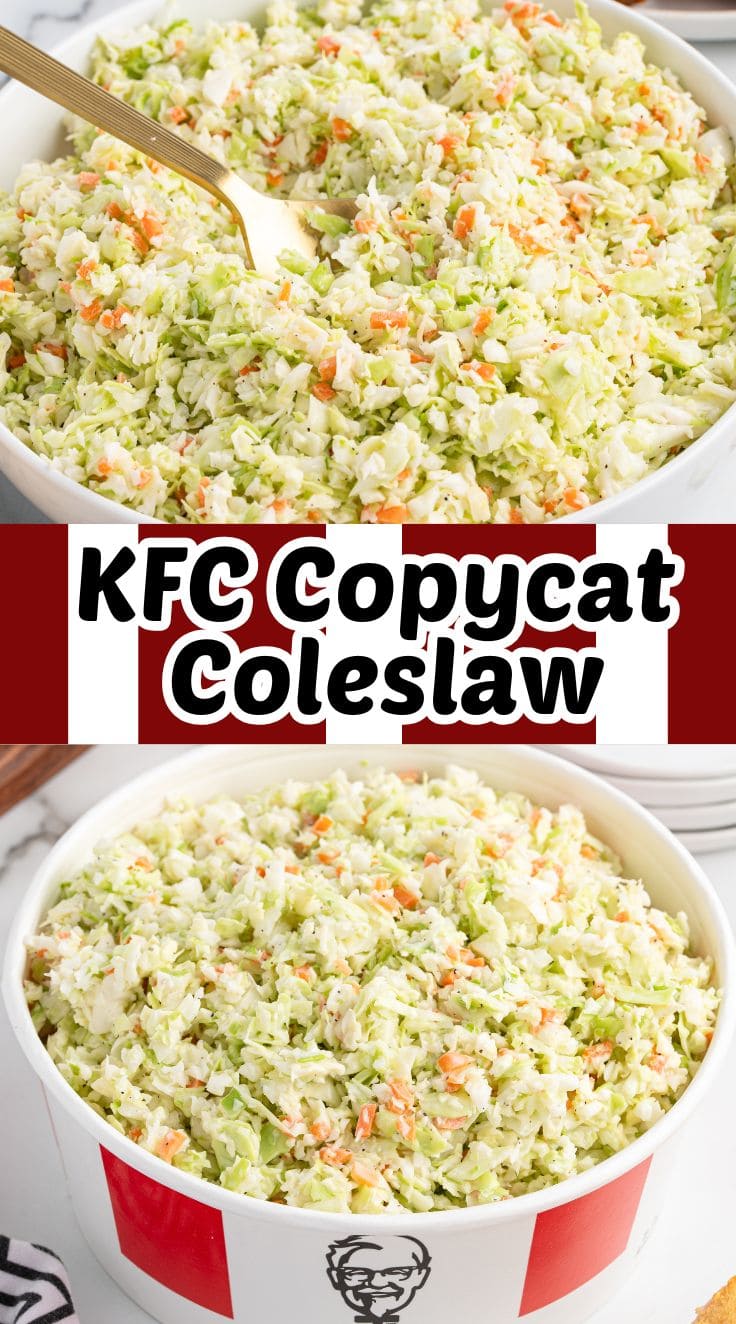 A spoon digging into a bucket of KFC Copycat Coleslaw