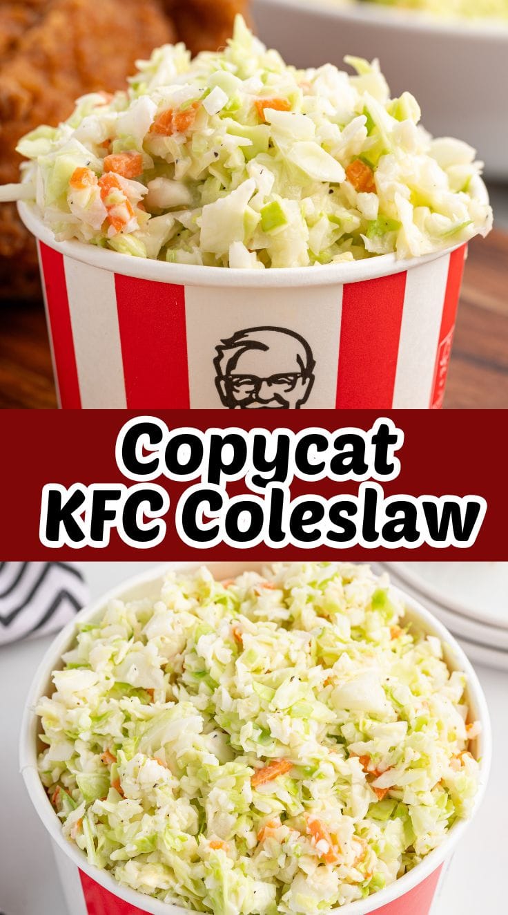 Close up of mixed KFC Copycat Coleslaw inside a KFC bucket.