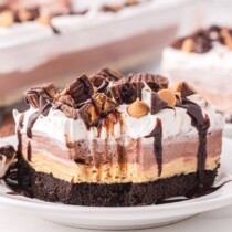 chocolate peanut butter lasagna with a bite out of the corner