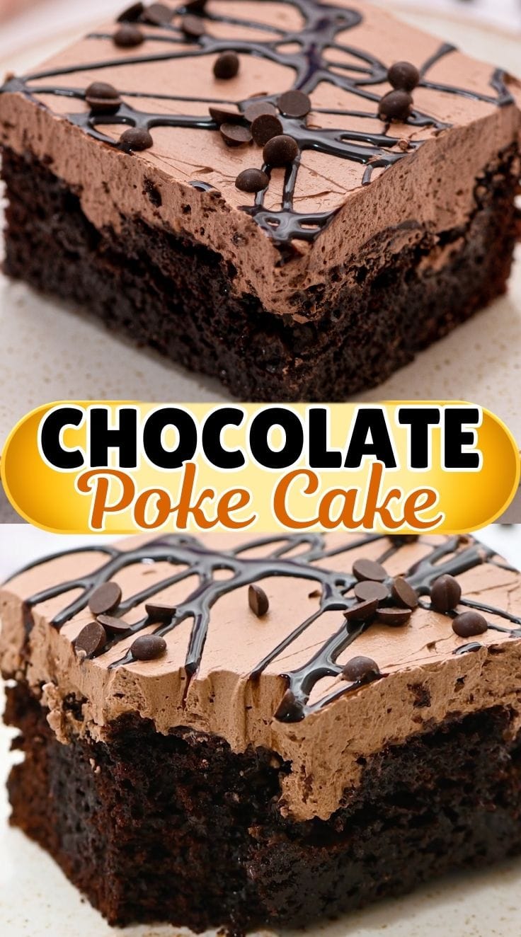 A square shaped chocolate poke cake served on a white plate.