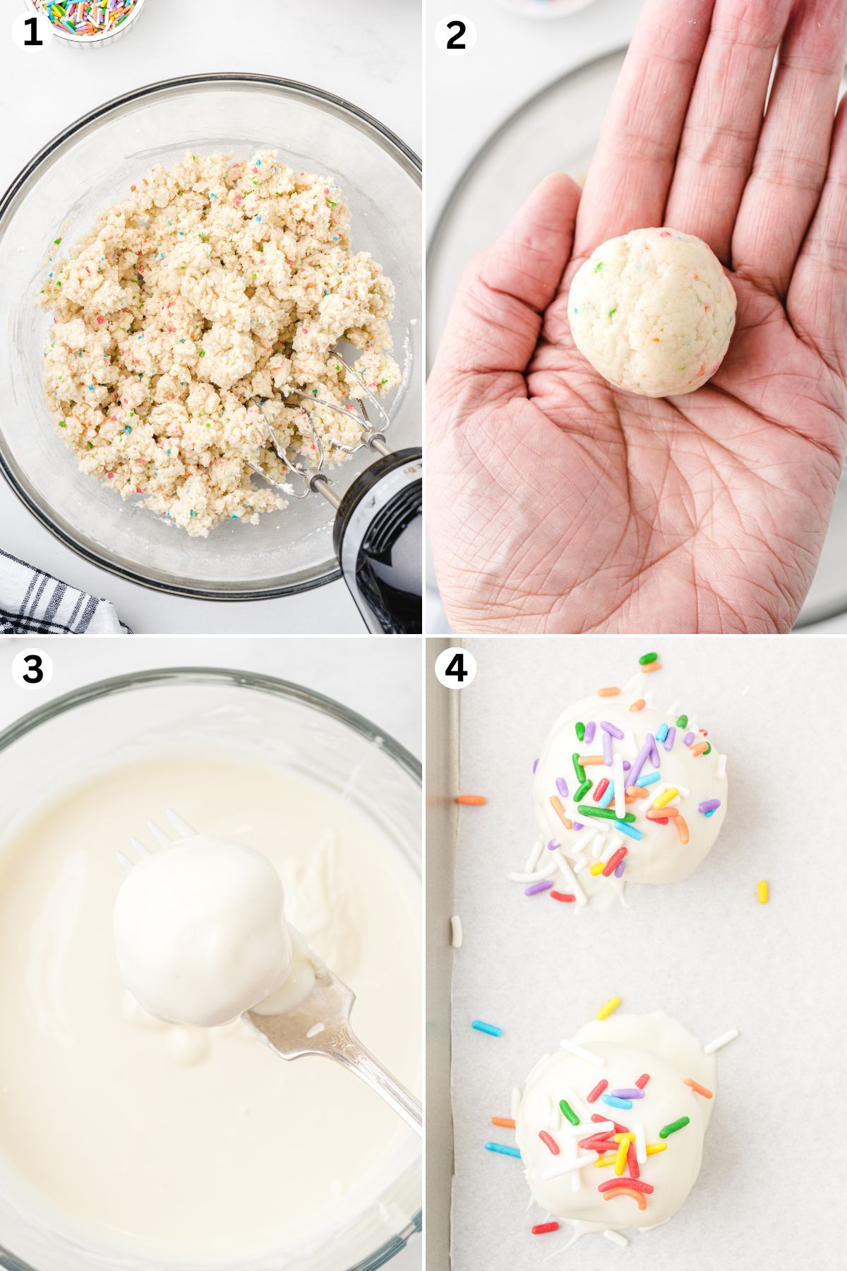 mixing cheesecake dough, rolling dough into balls, dipping balls in melted almond bark, and decorating with rainbow sprinkles.