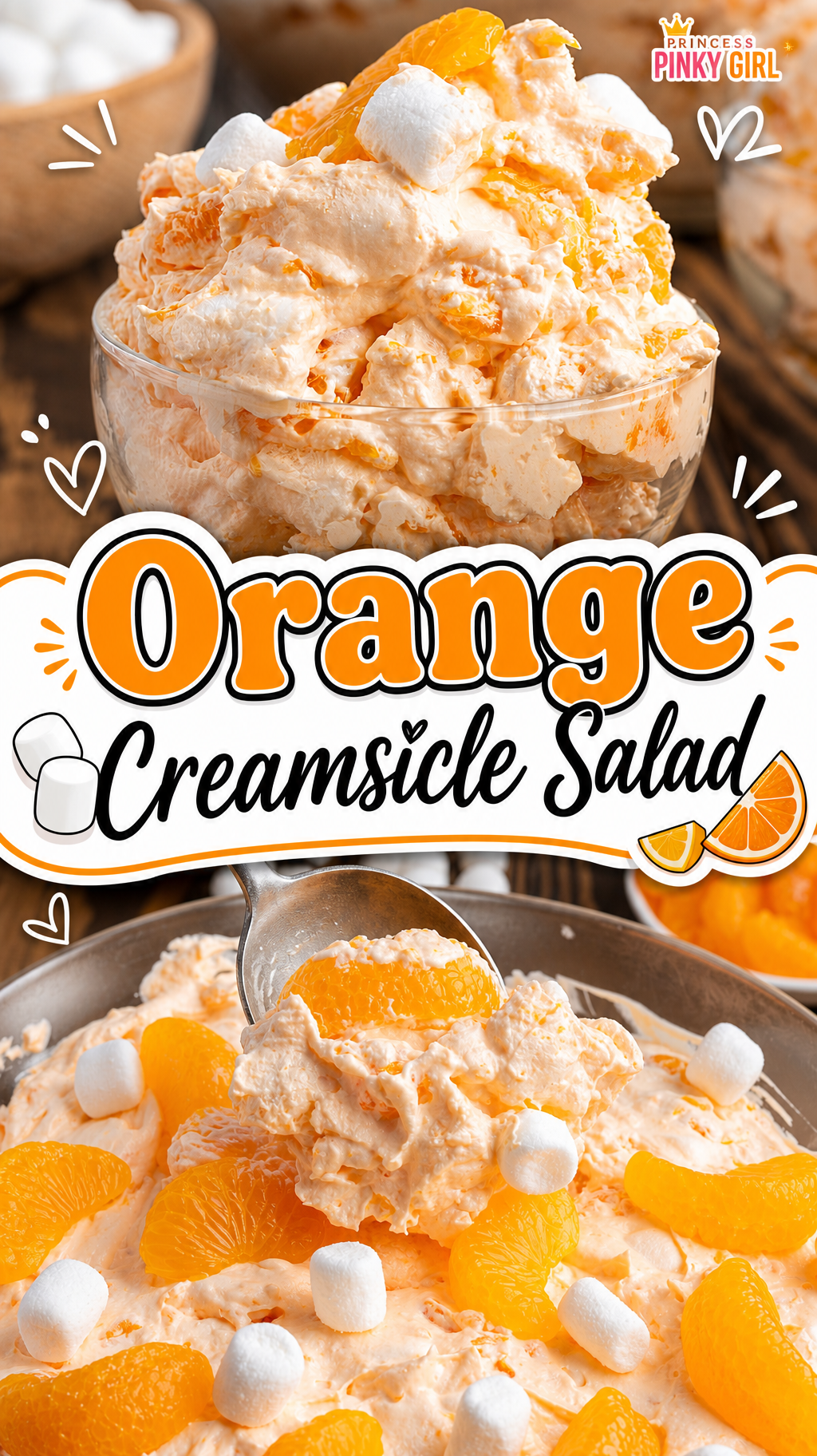 a glass serving dish piled high with the creamy orange salad, and a close-up being scooped showing mandarin oranges and mini marshmallows.