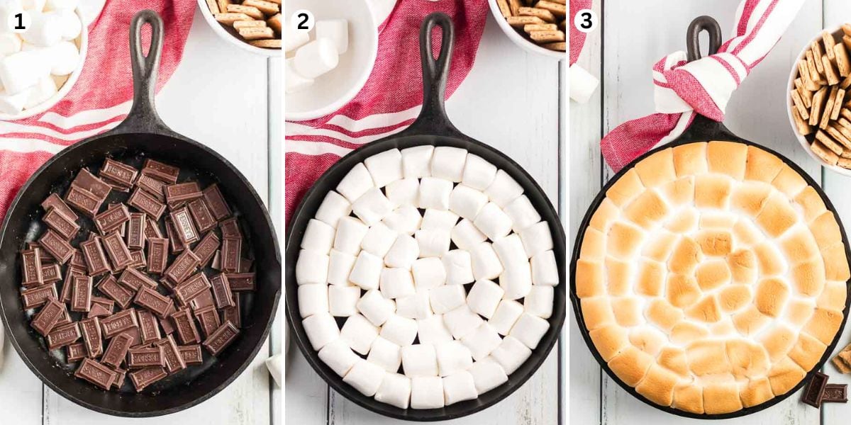 Place a layer of chocolate along the bottom of the pan or baking dish. Top the chocolate with marshmallows. Bake. 
