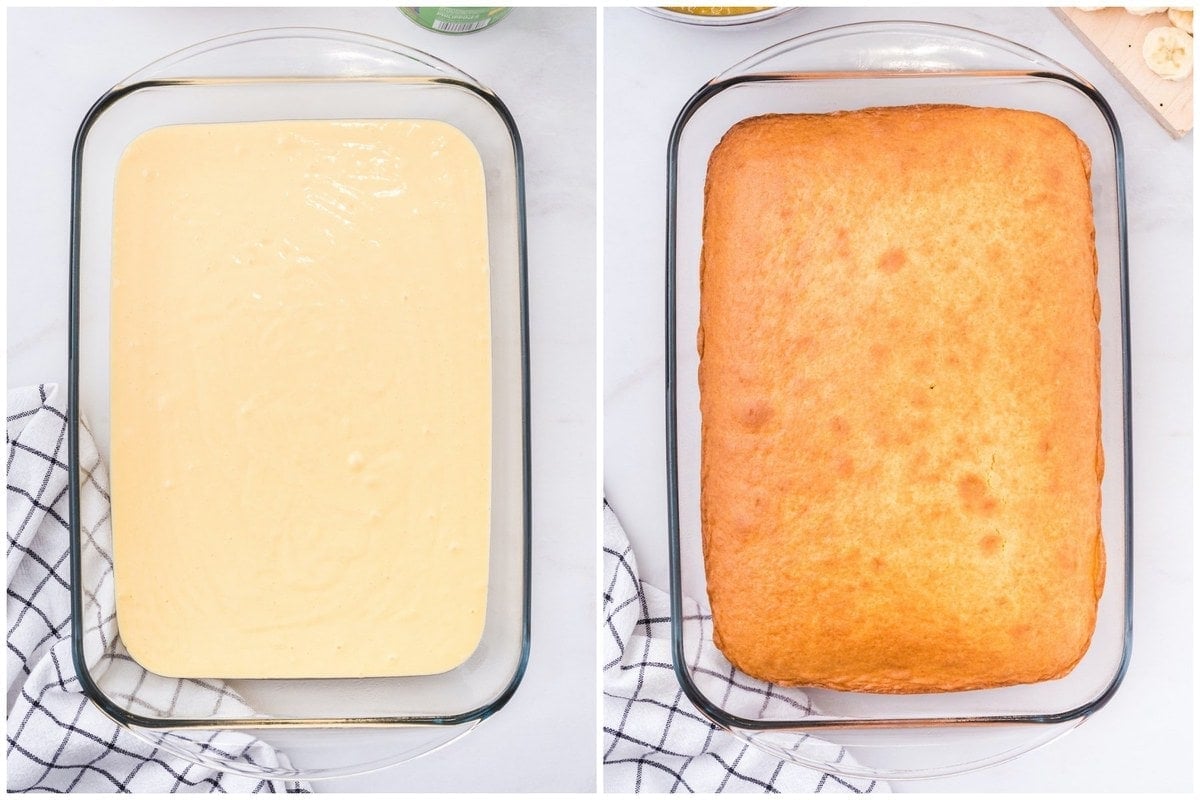 before after cake in baking pan