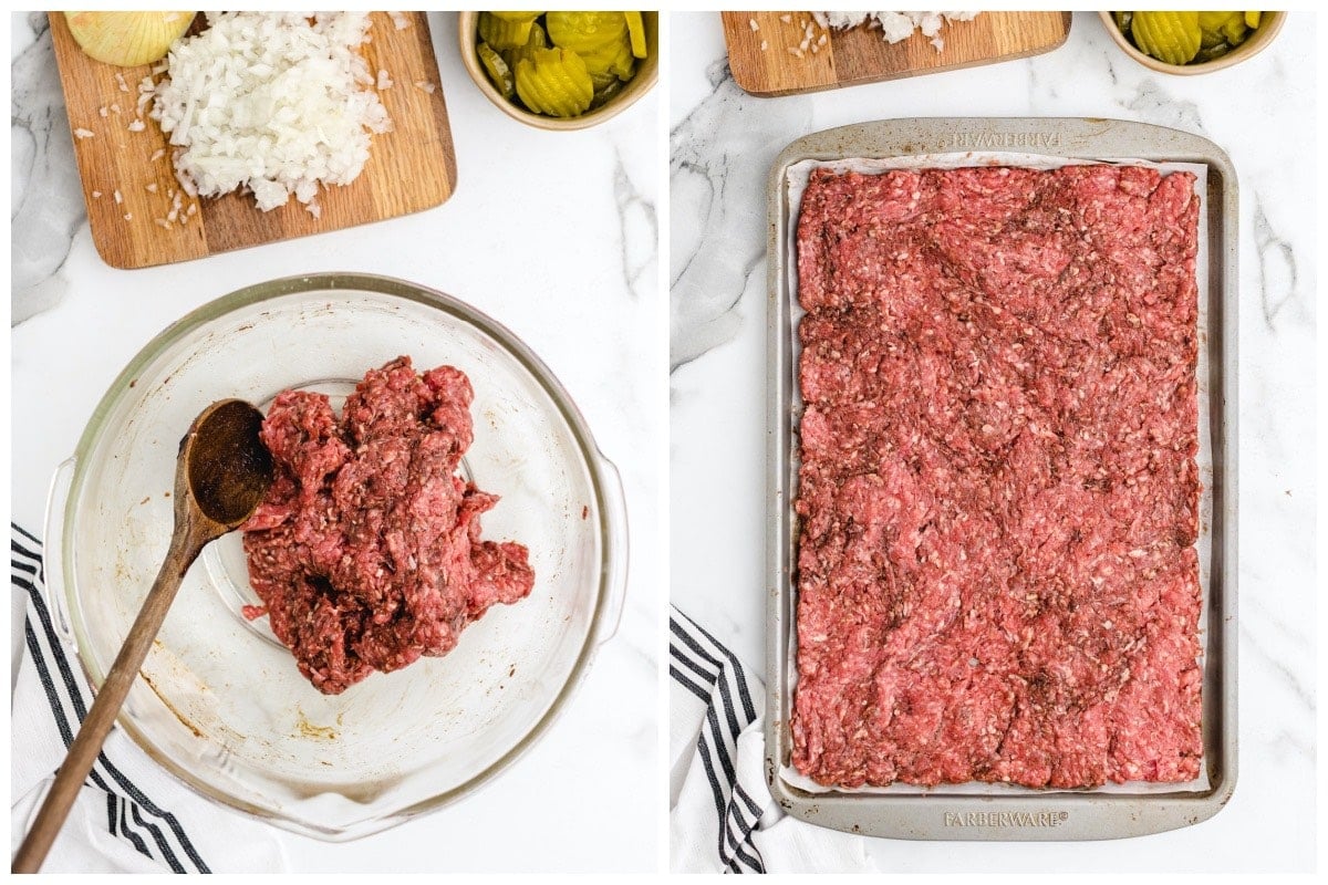 ground beef spread in the baking pan