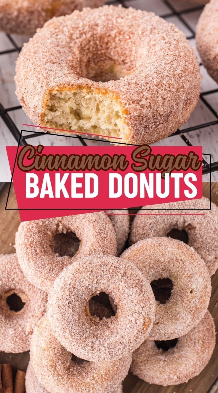 Top view of Baked Cinnamon Sugar Donuts on a wooden board