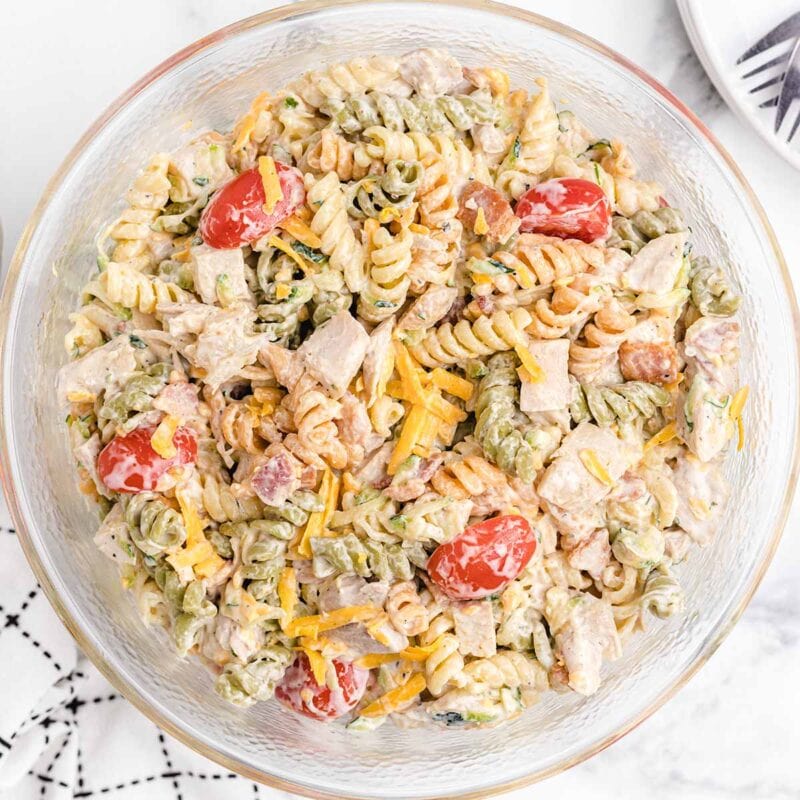 chicken bacon ranch pasta salad in a bowl.