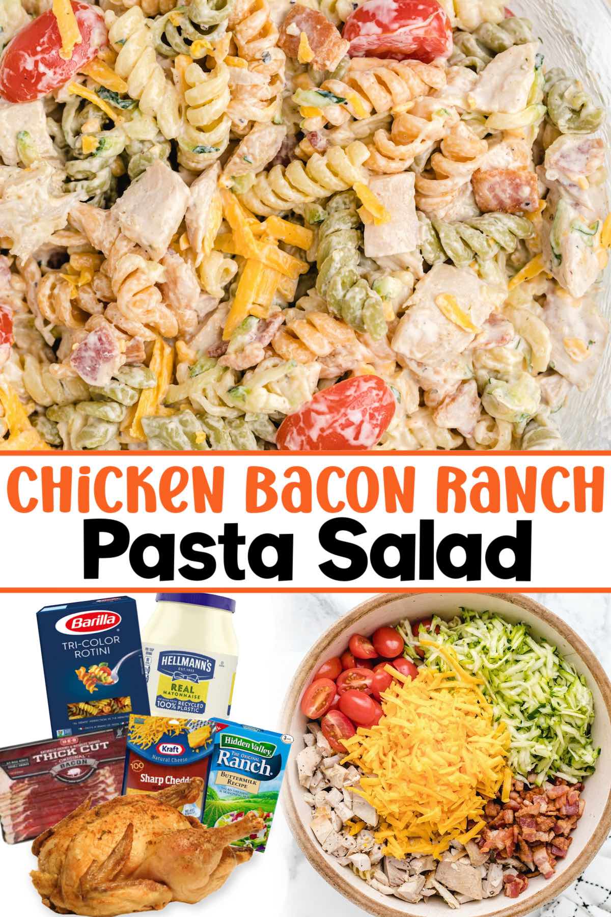 chicken bacon ranch pasta salad pins.