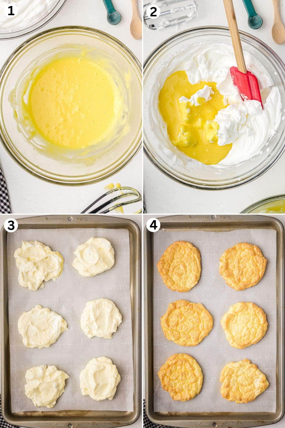 "Egg yolk mixture folded into whipped egg whites, spooned onto a baking sheet, and baked until golden brown.