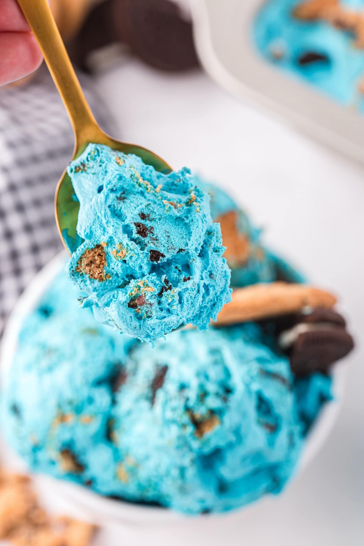 cookie monster ice cream on a spoon