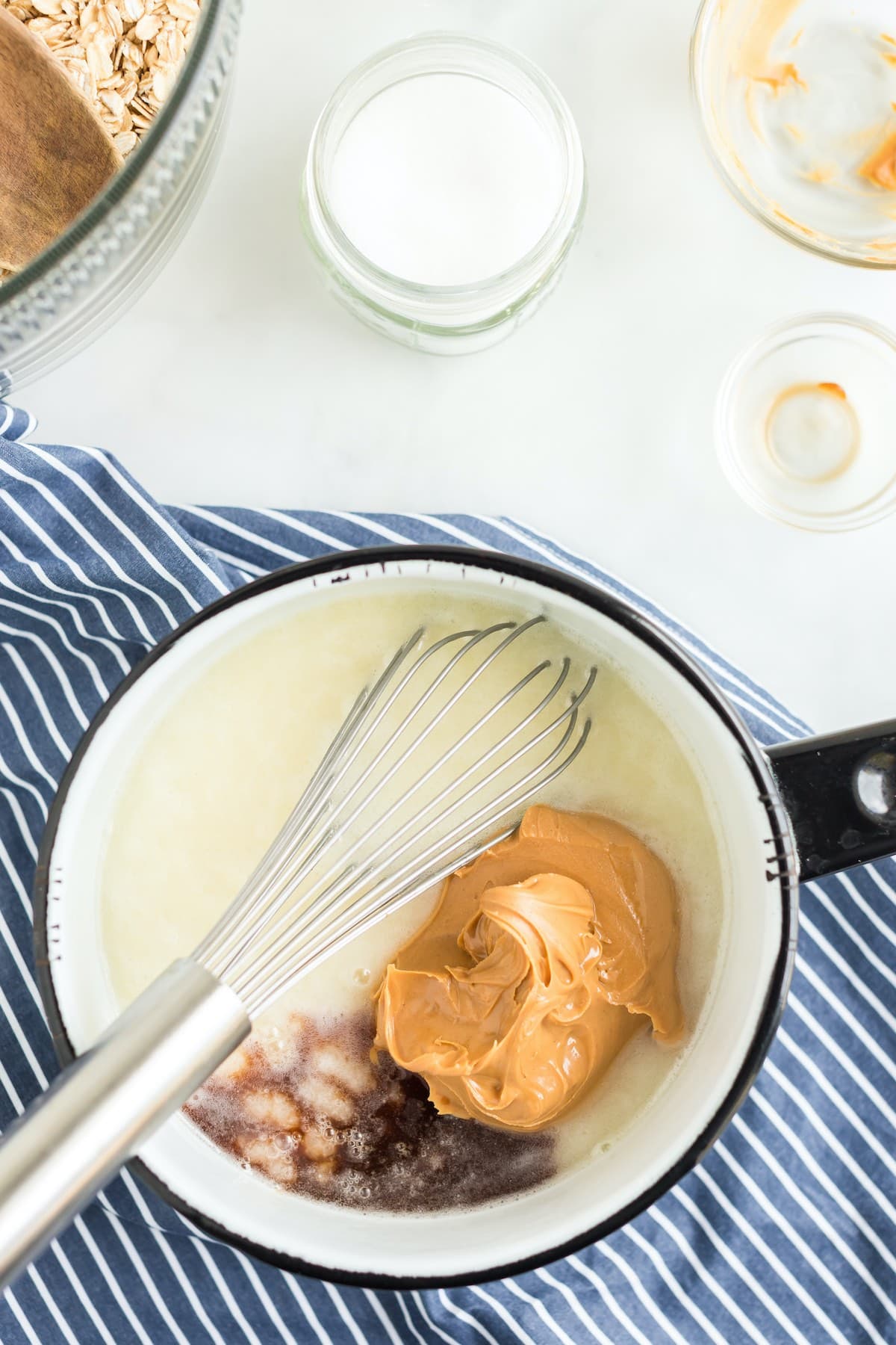add peanut butter and vanilla into the pan