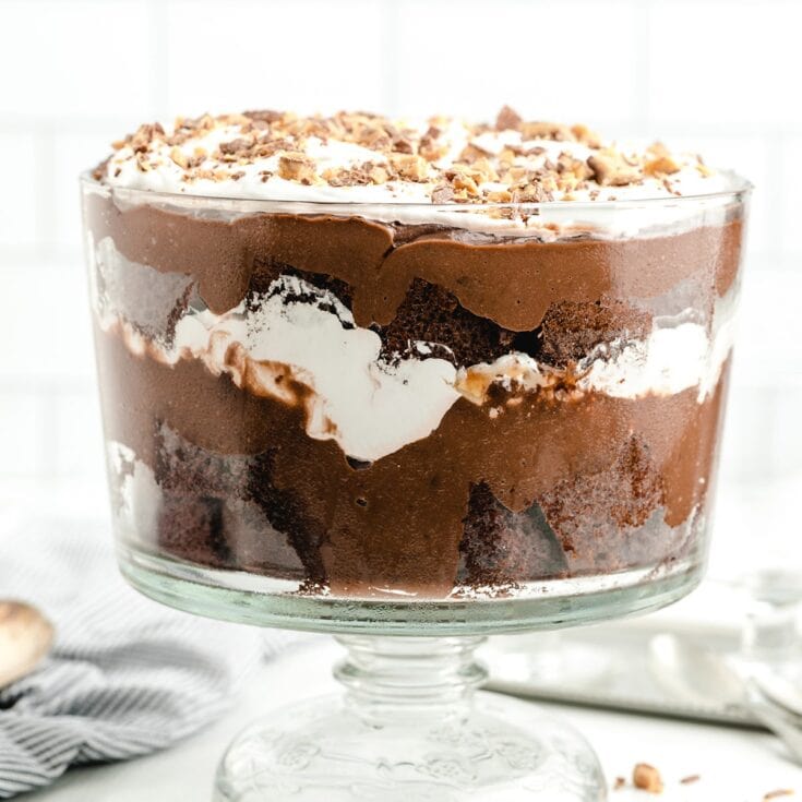 chocolate trifle inside trifle dish.