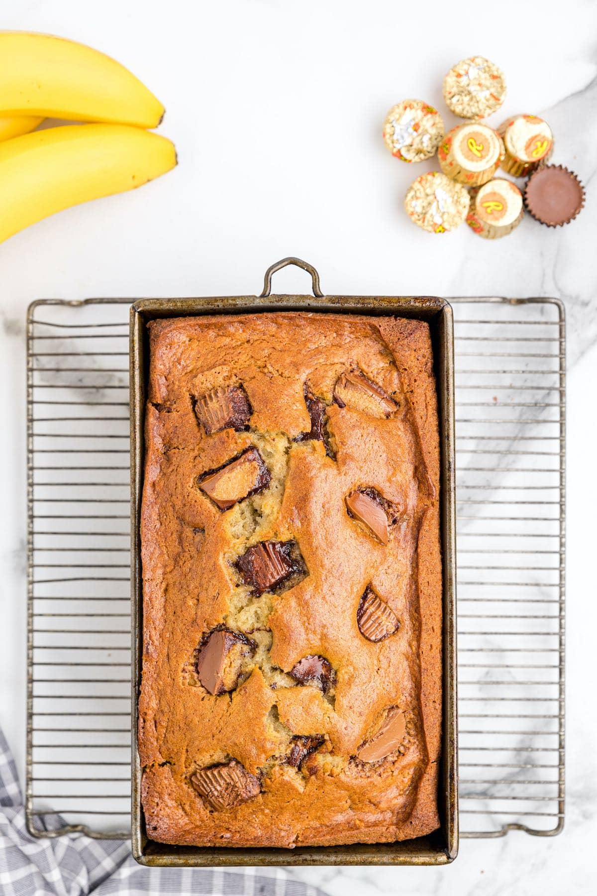 peanut butter banana bread in a loaf pan
